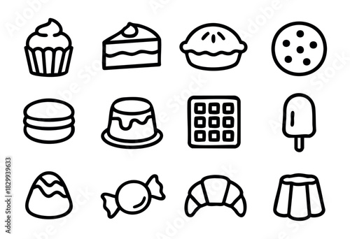 Set of minimalist dessert icons in bold-line style: cupcake, cake slice, pie, cookie, macaron, pudding, waffle, popsicle, chocolate, candy, croissant, flan.