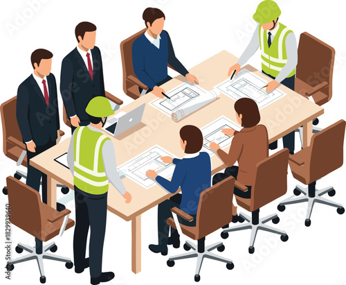 Architects, Engineers, and Construction Workers Collaborate on Blueprint Plans During a Project Meeting in a Corporate Office Boardroom to Discuss Building Development and Industry Business Strategy