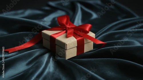 赤いリボン付きジュエリーボックスがドラマチックな回転をするクローズアップシーン