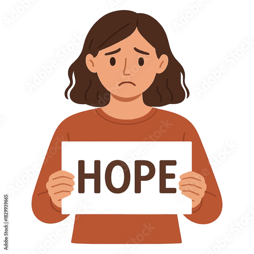 Sad young woman holding a sign with the word hope written on it, illustrating the concept of struggling to maintain optimism during difficult times, isolated on