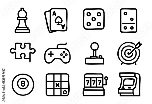 Set of minimalist game icons in bold-line style: chess piece, playing cards, dice, domino, puzzle, gamepad, joystick, target, billiard ball, tic-tac-toe, slot machine, arcade.