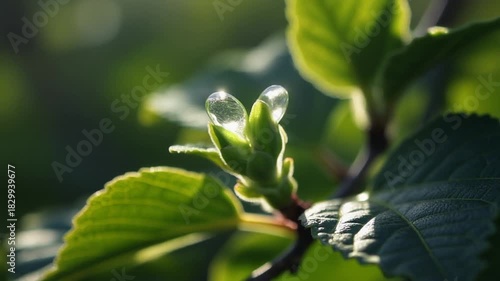 光を反射する新芽が濃い葉の枝に生まれるスローモーション