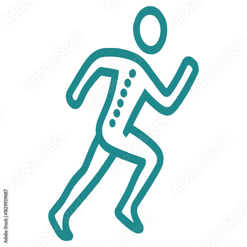Teal line art icon depicting a stylized human figure running or jogging, emphasizing the spine with small dots along the back, isolated on for health and fitness concepts