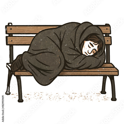 A person is sleeping curled up under a dark blanket on a wooden park bench, illustrating homelessness, poverty, or hardship in a stylized, textured illustration