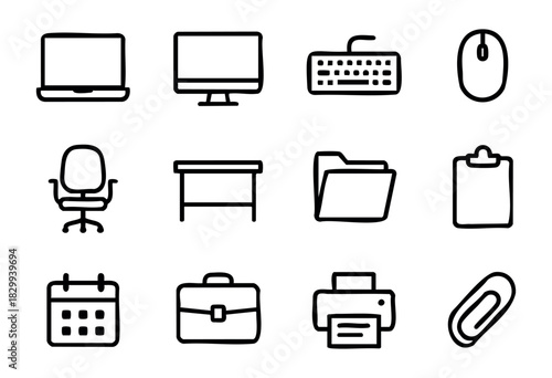 Set of minimalist office icons in bold-line style: laptop, monitor, keyboard, mouse, chair, desk, folder, clipboard, calendar, briefcase, printer, paperclip.