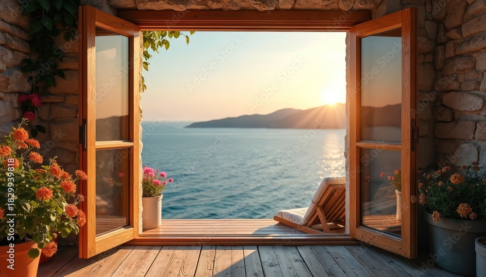 Fototapeta premium Open villa window with sea view at sunset. Deck and stone wall. Chair near flowers in pots. Seascape with mountain island at horizon. Relaxing travel destination vacation scene. Summer time at resort.