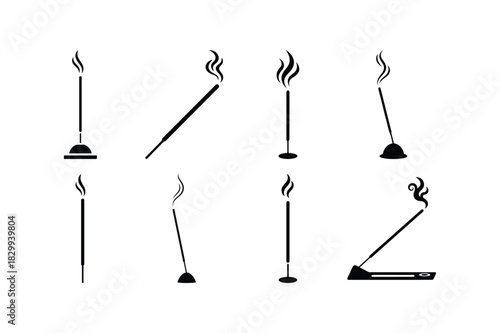 Incense Stick Solid Black Silhouette Vector Set