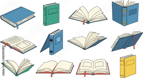 Collection of Isometric Books and Textbooks with Open and Closed Variations, Illustrating Education, Learning, Reading, Knowledge, Publishing, Library, and Academic Concepts, Vector Art