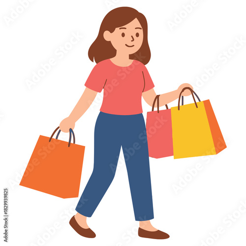 Happy young woman walking with multiple colorful shopping bags full of purchases, isolated on, illustration of consumerism and retail therapy