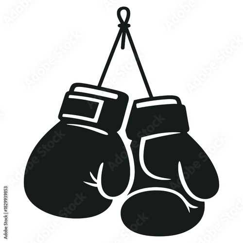 Black silhouette icon of a pair of boxing gloves hanging from a string, symbolizing combat sport, fighting, training, and competition, isolated on