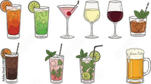 Colorful Assortment of Classic Alcoholic and Non-Alcoholic Cocktails, Wine, and Beer Vector Illustration Set; Perfect for Bar Menus, Happy Hour Invitations, and Beverage Design Projects.