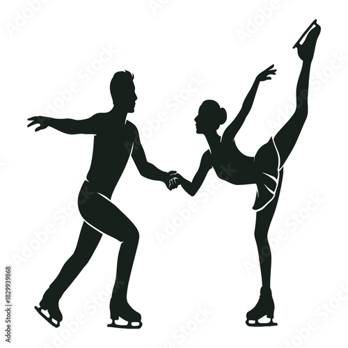 Silhouette of a male and female figure skater pair performing a graceful lift or pose during an ice skating routine, isolated on