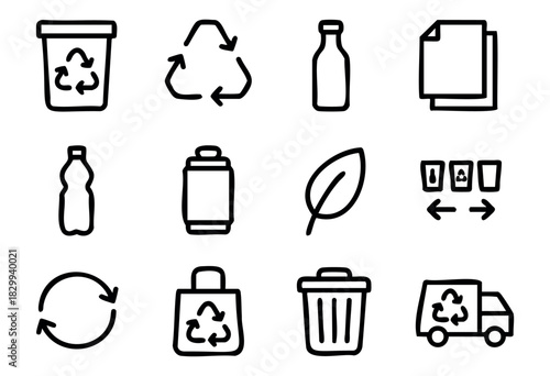 Set of minimalist recycling icons in bold-line style: recycle bin, recycling symbol, glass bottle, paper, plastic bottle, can, leaf, grid, loop arrows, eco bag, trash bin, recycling truck.