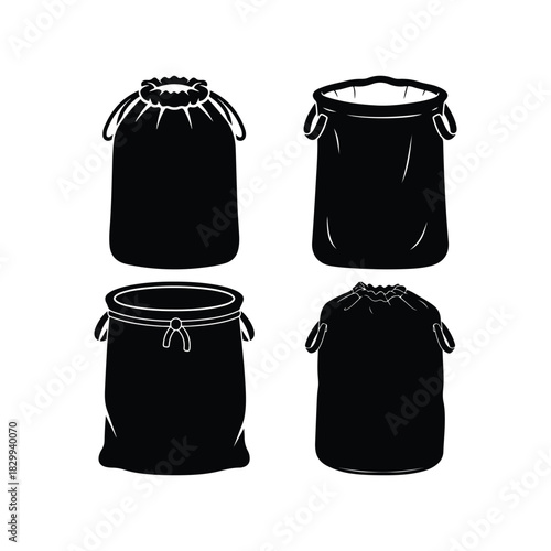 Laundry Bag Solid Black Silhouette Vector Set