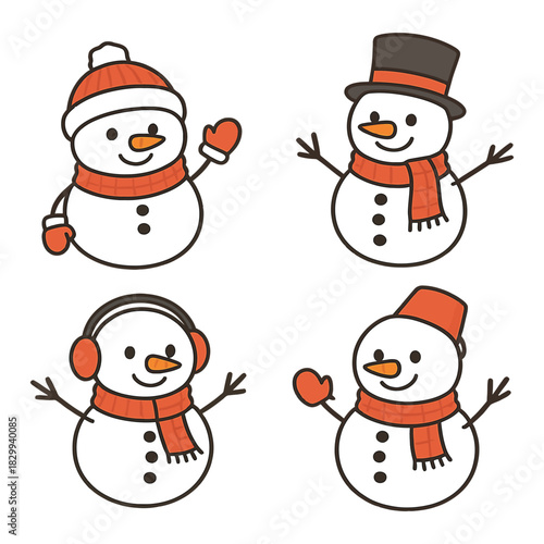 Four cute cartoon snowmen wearing different winter hats and scarves, isolated on for holiday design