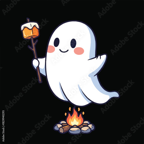 Cute Ghost Roasting Marshmallow by a Campfire Under a Dark Night Sky in Whimsical Illustration.