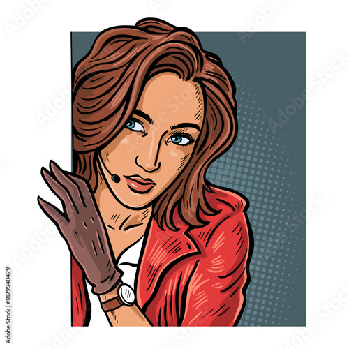 Female secret agent observing target, pop art vector illustration