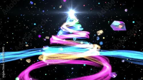 Abstract spiral light trails forming festive tree shape on black background