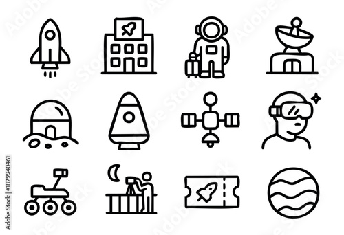 Set of minimalist space tourism icons in bold-line style: rocket, observatory, astronaut, satellite, lunar base, capsule, radar dish, VR explorer, rover, telescope, ticket, planet.