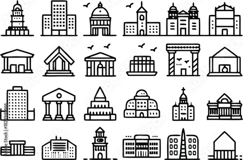 Architectural outlines create a sophisticated cityscape with iconic buildings, perfect for urban design, travel guides, and architectural presentations in a modern style