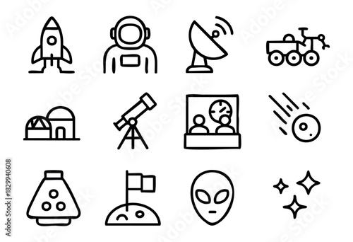 Set of minimalist space exploration icons in bold-line style: rocket, astronaut, satellite dish, rover, observatory, telescope, mission control, meteor, capsule, moon flag, alien, stars.
