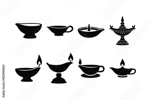 Religious Lamp Solid Black Silhouette Vector Set