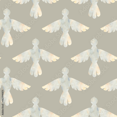 Seamless pattern with pigeons, birds, delicate watercolor style, soft pastel blue beige tones, hand painted texture, repeating pattern, vector
