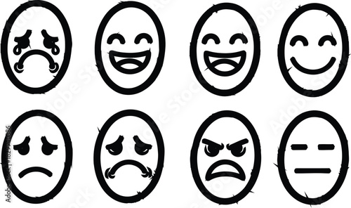 Hand drawn emoticons representing various emotions and feelings in simple black and white