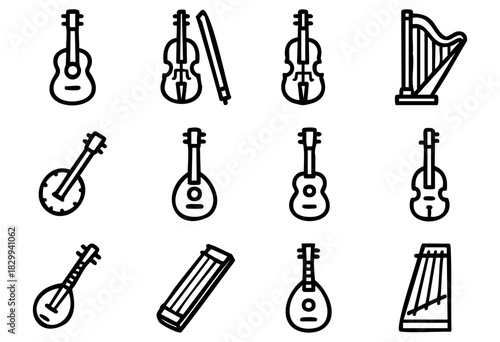 Set of minimalist string instrument icons in bold-line style: guitar, violin, harp, mandolin, lute, sitar, balalaika, zither, pipa, banjo.