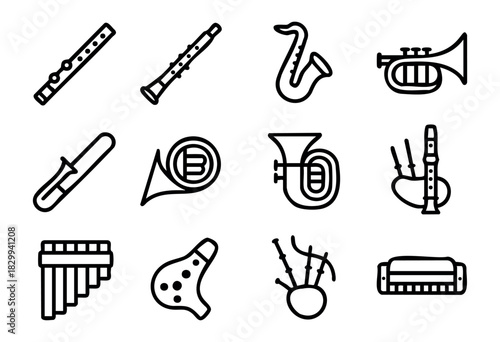 Set of minimalist wind instrument icons in bold-line style: flute, clarinet, saxophone, trumpet, trombone, horn, tuba, recorder, pan flute, ocarina, bagpipe, harmonica.