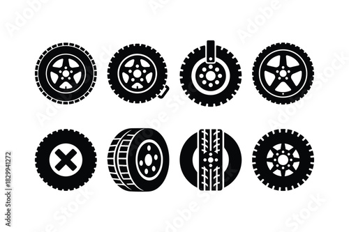Spare Tire Solid Black Silhouette Vector Set