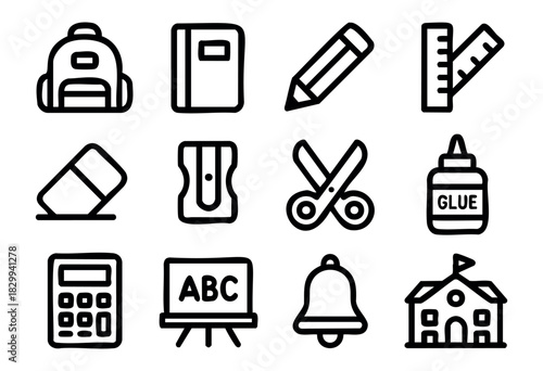 Set of minimalist school supply icons in bold-line style: backpack, notebook, pencil, ruler, eraser, sharpener, scissors, glue, calculator, board, bell, school building.