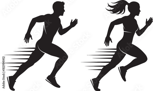 Dynamic silhouettes of male and female runners showcasing speed and agility in a race or fitness pursuit. vector graphic. Vector