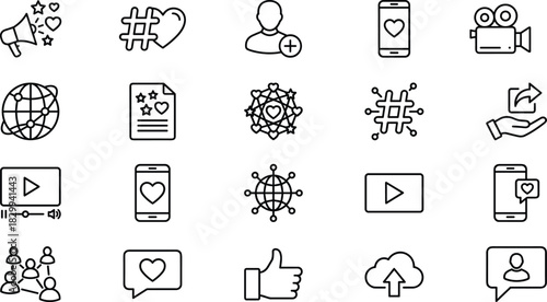 Digital Marketing Social Media Networking Icons Set: Global Communication, Influencer Engagement, Content Sharing, Video Streaming, and Mobile Device Likes to Boost Online Business Strategy.