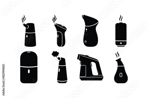 Steam Device Solid Black Silhouette Vector Set
