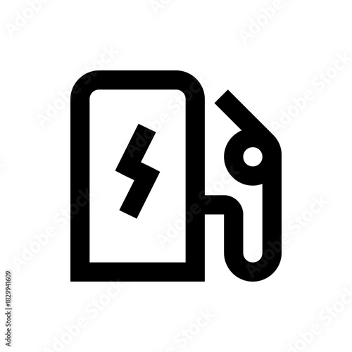 A bold line drawing depicts an electric vehicle charging station with a lightning bolt symbol and nozzle for charging, black on white