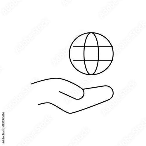 A minimalist line drawing of a hand holding a globe with horizontal lines representing latitude lines