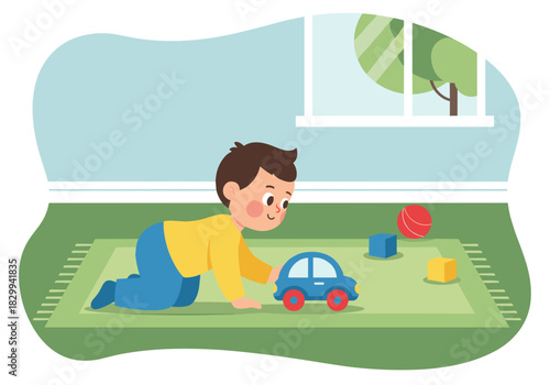 Toddler crawling with toy car on green rug in bright room