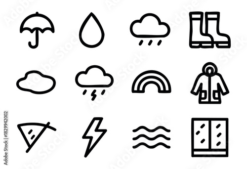 Set of minimalist rainy weather icons in bold-line style: umbrella, raindrop, cloud, boots, puddle, raincoat, rainbow, lightning, wave, window.
