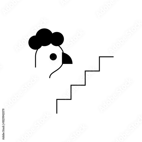 Illustration of a chicken head with a black comb next to a set of stairs in a minimalist style