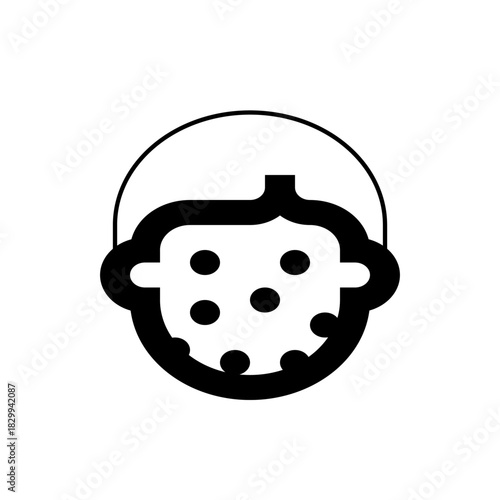 Illustration of a person's face with several black dots on it, enclosed in a circular outline shape