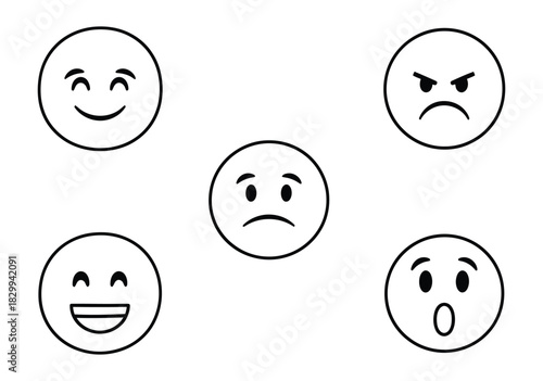 Simple line art emoticons expressing different emotions on a white background illustration
