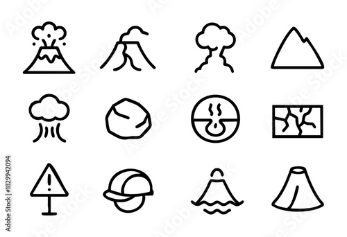 Set of minimalist volcano icons in bold-line style: erupting volcano, lava flow, smoke cloud, mountain, ash, rock, hot spring, cracked ground, warning sign, helmet, island volcano, cone.