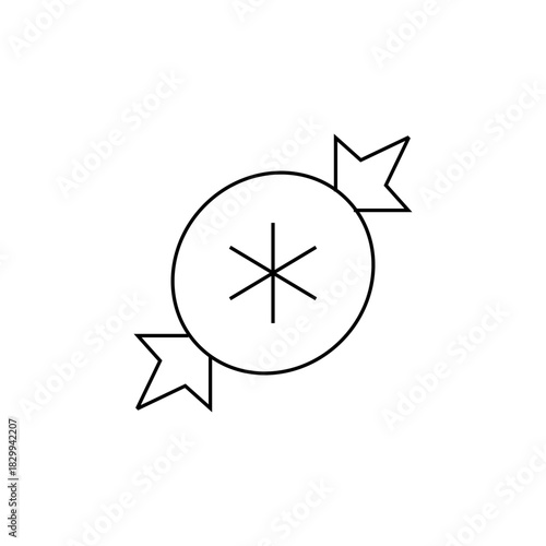 Illustration of a wrapped candy with a circular body and star symbol in the center, on white background