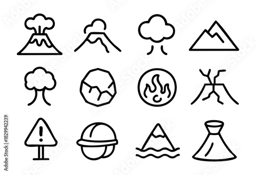 Set of minimalist volcano icons in bold-line style: erupting volcano, lava flow, smoke cloud, mountain, ash, rock, hot spring, cracked ground, warning sign, helmet, island volcano, cone.