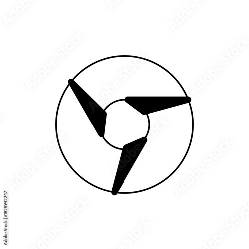 Illustration of a circular fan with three black blades inside two concentric circles on white background