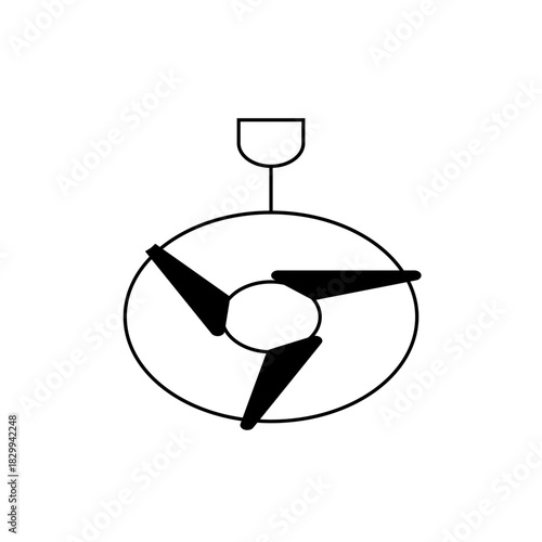 Illustration of a ceiling fan with three blades enclosed in a circular housing hanging from a mount