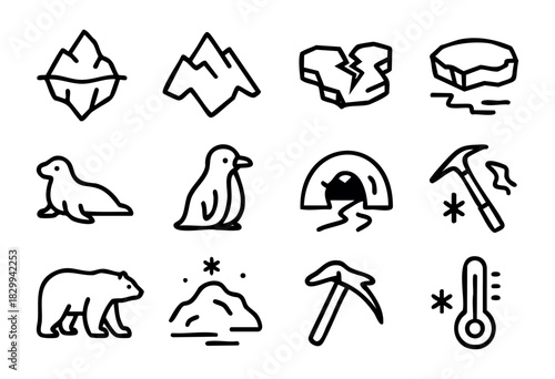 Set of minimalist glacier icons in bold-line style: iceberg, mountain, ice floe, broken ice, seal, penguin, igloo, pickaxe, snow, polar bear, thermometer, frozen landscape.
