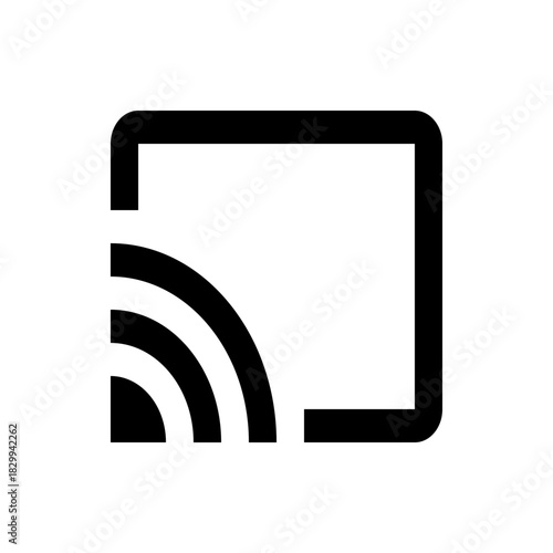 Illustration of a cast icon featuring a square outline and wifi signal in black on a white background