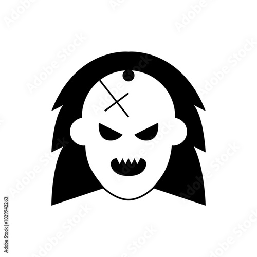 Illustration of a spooky zombie face with sharp teeth and a stitched forehead in black and white style